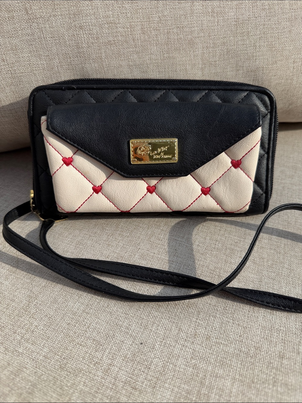 Betsey Johnson Black, Cream & Red Quilted Heart Crossbody Wallet